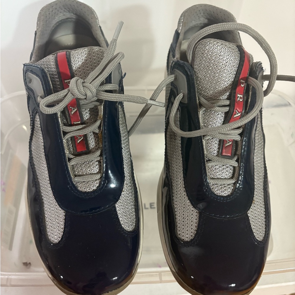 Prada Blue and Gray Sneakers with Distinctive Design